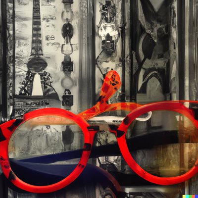 קולאג' דיגיטאלי משקפיים באדום מול אייפל