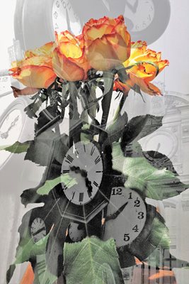 קולאג' שעונים ושושנה כתומה 0072