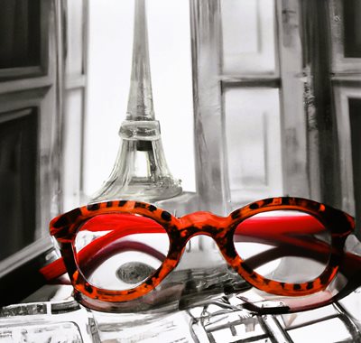 קולאג' דיגיטאלי משקפיים באדום מול אייפל