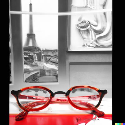 קולאג' דיגיטאלי משקפיים באדום מול אייפל